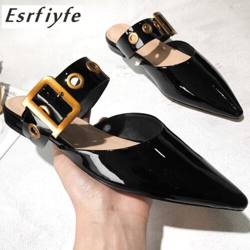 ESRFIYFE 2019 New Genuine Leather Spring Summer Thick with Muller Shoes Womens Low Heels Pointed Belt Buckle Black Slippers