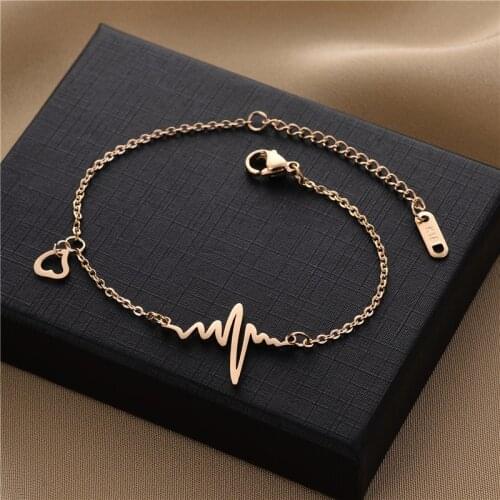 Creative Design Heart Beating For You ECG Shape Hollow Heart Pendant Women Bracelets Ladies Adjustable Steel Bracelet Jewelry