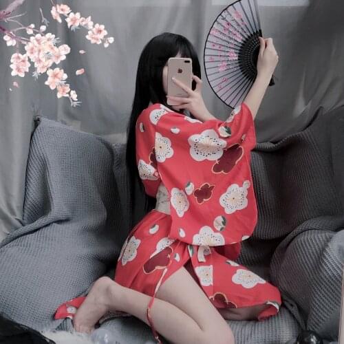 Janpense Cosplay Kimono Sexy Lingerie Printed Red Tradinotional Style Robe Soft Pajamas Erotic Costume Girls Hot outfit