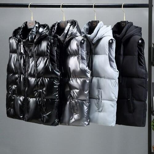 2021 Mens Autumn Winter Cotton-Padded Shiny Vest Removable Hat Hood Waistcoat Warm Sleeveless Winter Jacket Zipper Coat M-5XL