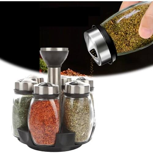 6PCS Rotating Kitchen Storage Rack Cruet Condiment Seasoning Jars Set Spices Pepper Holder Sprays Bottles Salt Shakers Organizer