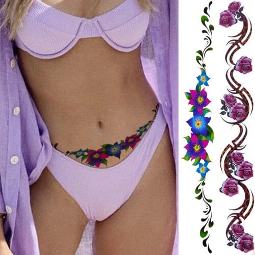 Watercolour Flower Temporary Tattoos For Women Girls Fake 3D Orchid Rose Tatoo Sticker Long Bramble Sexy Waist Tattoo Realistic