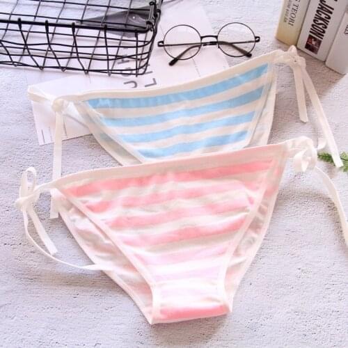 Anime Women lolita Underwear Panty Lingerie Blue Pink White Striped Bikini Briefs Sexy Cat paw Cosplay Side Strappy Panties
