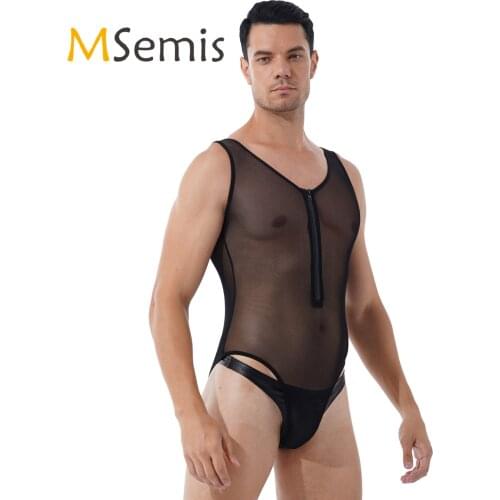 Men Lingerie High Cut Teddy Bodysuit Front Zipper See Through Bodysuit Underwear Sheer Mesh Deep U-neck Sleeveless Sexy Clothing