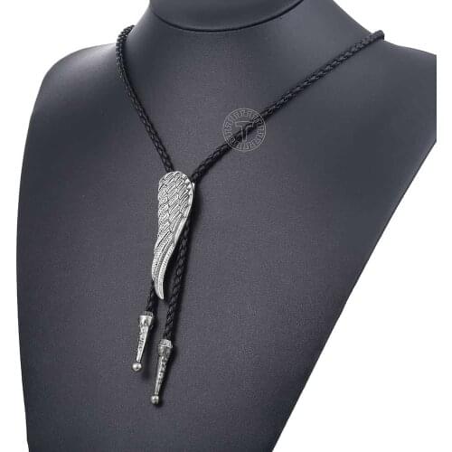 Bola Bolo Tie Pendant Necklace Men Women Black Man-made Leather Cord Wing Feather Dance Rodeo Western Cowboy Adjustable DUN120