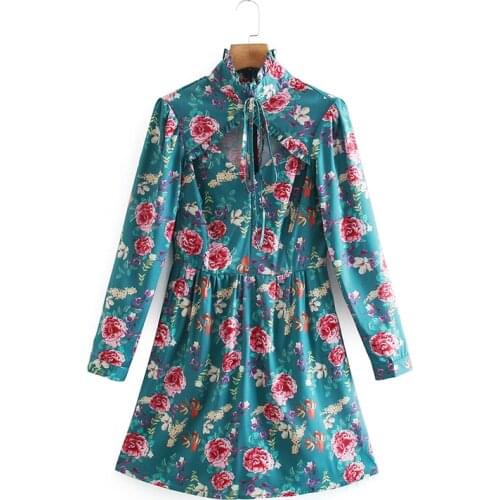 Youth Girl Sweet Dress Long Sleeve Flower Print Beauty Dress Slim Fashion Mini Dress
