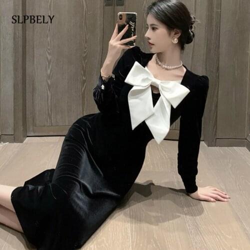 SLPBELY Elegant Bow Black Dress For Women Autumn Retro France Long Sleeve Midi Dress Fashion Vintage Casual A Line Party Dress