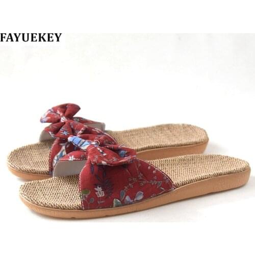 FAYUEKEY Fashion Women Summer Home Linen Flax Print Bowknot Slippers Floor Beach Breathable Sandals Slides Flat Shoes
