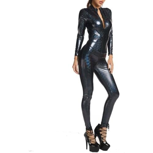 Women Latex Catsuit Fashion Printed Wet Look Shiny Patent Leather Leotard Bodysuit Mock Neck Long Sleeve Zipper Jumpsuit Costume