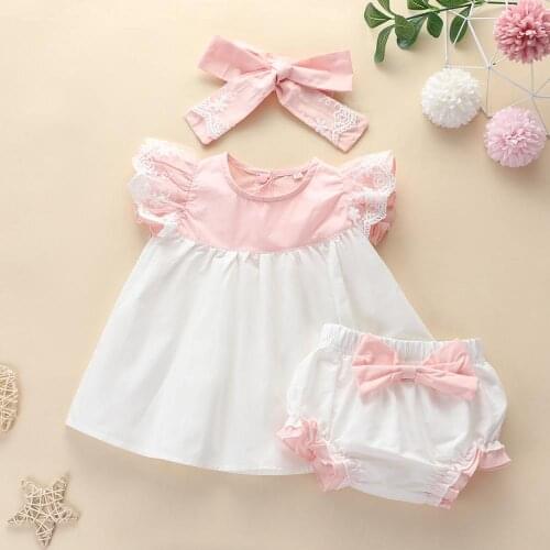Explosive summer 0-2 year old baby girl suit pink and white lace headband skirt pants three-piece suit