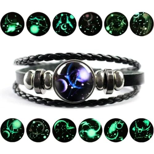 High Quality Wholesale Luminous Twelve Constellation Gems Beaded Leather Rope Shining Bracelet Fashion Retro Birthday zx6