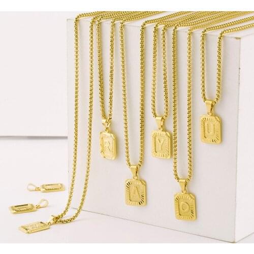 Initials Pendant Letter Name Necklace For Women Men Gold Color Square Alphabet Charm Box Link Chain Couple Jewelry