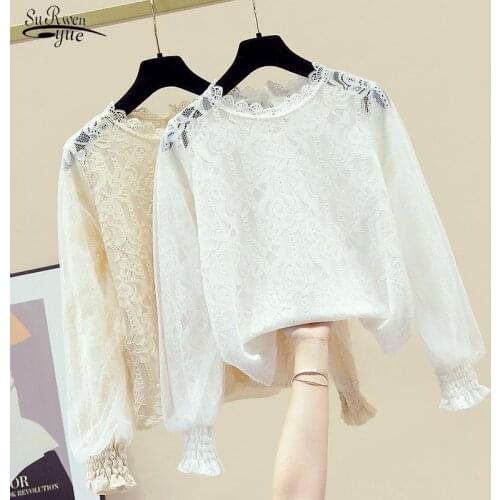 Sweet Women Lace Blouse Fashion Button Transparent Mesh White Shirt Female See-through Lantern Long Sleeve Blouse Blusas 11142
