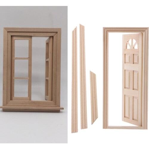 1:12 Dollhouse Miniature Wood Unpainted Double Window Frame and Door Natural Wood Color