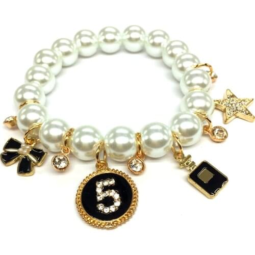 CNANIYA brand jewelry charm bracelet stretch leaf number 5 tower resin pearl strand bracelets/bijuterias/joias/joyas/joyeria