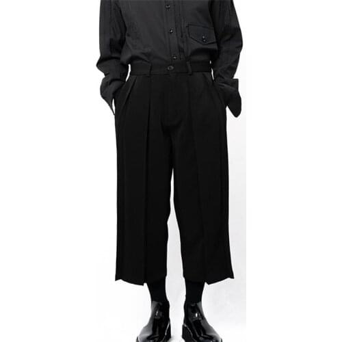 Style Yamamoto mens casual pants wide-leg trousers culottes simple classic pleated folds loose dark black
