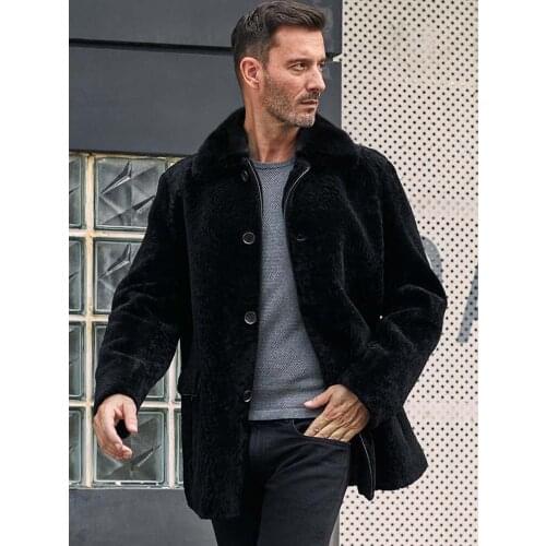 New Mens Sheepskin Shearling Jacket Long Winter Coat Black Leather Overcoat Winter Warm Fur Outwear
