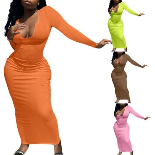 Sexy womens U-neck slim long sleeve dress, spring and Autumn New Womens tight solid color U-shaped color long sleeve jumpsuit