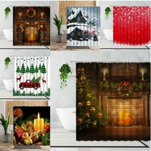 Christmas Shower Curtain Snowflake Pine Tree Fireplace Gift Holiday Decor Background Hanging Cloth Bathroom Bathtub Screen Set