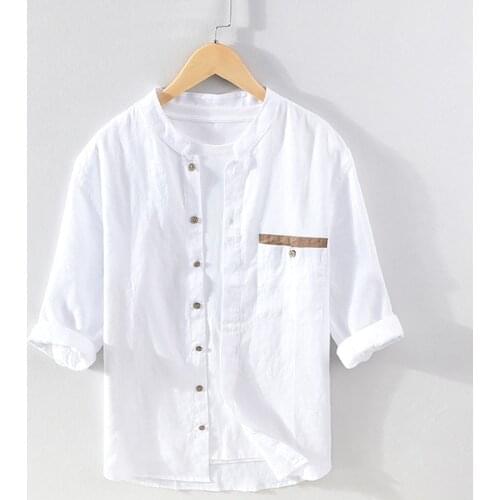 100% Linen Three Quarter Shirt for Men Summer New Solid Color Stand Collar Tops Male Casual Hemp Shirt Retro Clothes