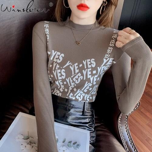 Spring Fall Korean Style T-Shirt Girl Fashion Print Letter Mock Neck Women Tops Long Sleeve Bottoming Shirt Tees 2021 T11702A