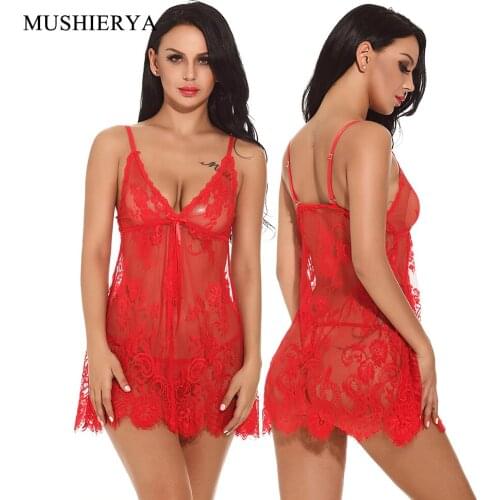 MUSHIERYA Women Lace Pajamas Floral Babydoll Nightgown with G-string Hot Sexy Chemises Lingerie Erotic Transparent Plus Size