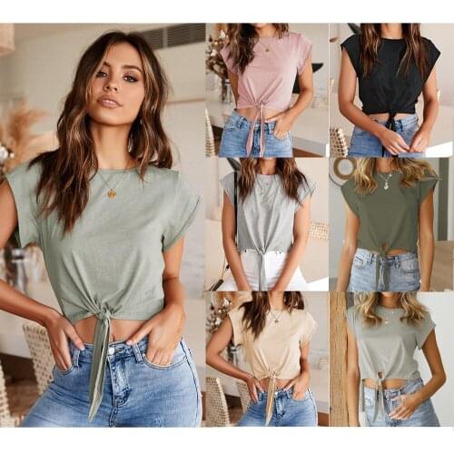 T-shirts Women Solid Color Round Neck Sexy Crop Top Lace-up Classic Blouse 2021 Spring and Summer Casual Tees S-XXL C2412