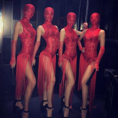 Women New Sexy Red Lace See Through Dress Outfit Nightclub Party Bodysuit Pole Dance Costume Festival Teams Performance Wear