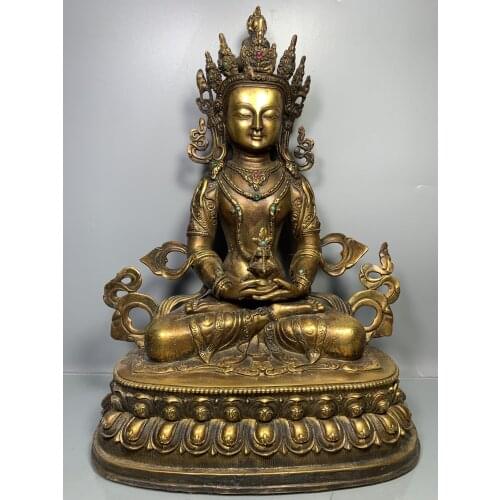 13" Tibet Buddhism Old Bronze mosaic Gem Longevity Buddha Sitting Buddha Lotus Terrace Immortal Life Wisdom Tathagata
