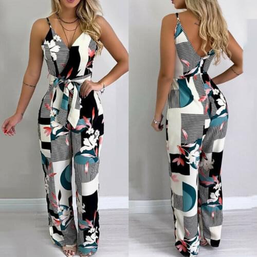2020 Fashion Women Clubwear Strap V-Neck Sleeveless Floral Playsuit Bodycon Jumpsuit Romper Trousers