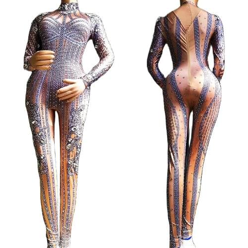 Glistening Rhinestones Women Jumpsuits Long Sleeve Print Skinny Stretch Bodysuits Evening Prom Party Birthday Celebrate Costumes