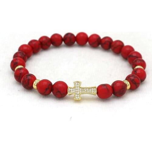 Cute Bear Brand Cross Bracelets Natural Stone Elastic Rope Red Turquoises Beaded Bracelet Women Christian Believer Jewelry Gift