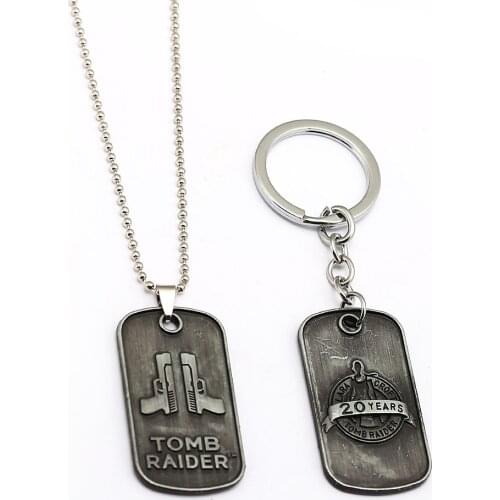Hot Movie Tomb Raider Keychain Dog Tag Pendant Keyring Gun Pattern Necklace Key Holder Choker Accessory Men Women Jewelry Gift