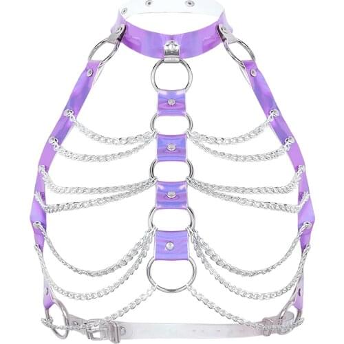 PVC Halter Metal Tassels Caged Bra for Women Body Sexy Harness Belt Punk Gothic Pole Dance Party Club Rave Outfit Braces Bondage