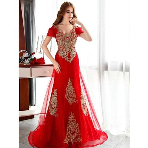 New V-Neck Gold Appliques Beaded Long Evening Dresses 2019 Backless Jenner Formal Dress Muslim Prom Party Dress robe de soriee