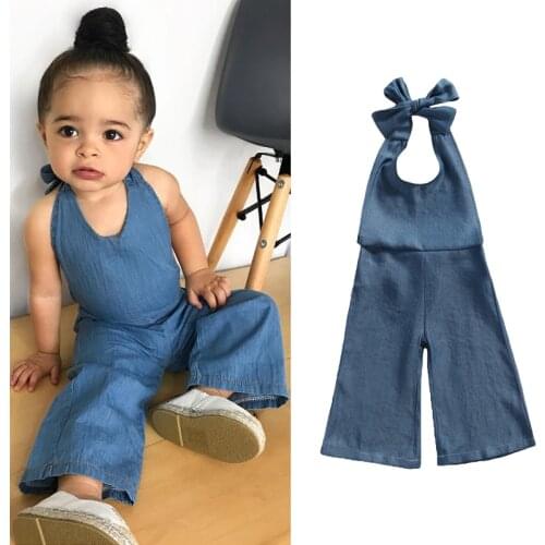 FOCUSNORM Summer Fashion Infant Girls Jumpsuits Outfits 0-4Y Blue Solid Denim Sleeveless Halter Backless Playsuits