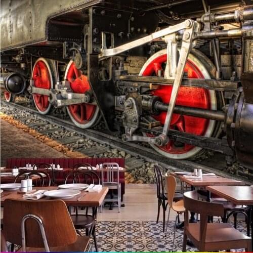 Photo wallpaper Retro Nostalgic Black White Steam Train Mural Custom Cafe Bar Mural restaurant corridor Wallpaper