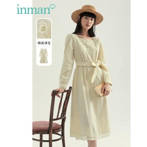INMAN Autumn Spring Womens Dress With Belt Retro Romantic Lace Square Collar Fresh Embroidery Long Sleeve One-Piece