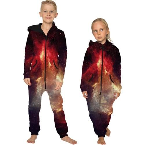 Galaxy Space 3D Red Jumpsuits Rompers Hooded With Pocket Playsuit Zipper Casual Streetwear Pullover Kid Rompers