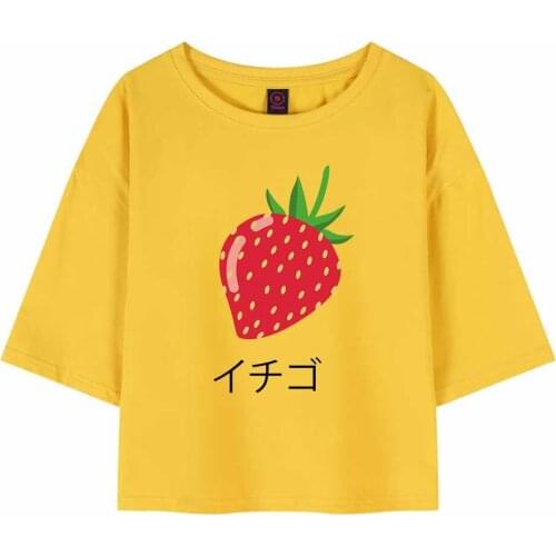 Summer Short Sleeve Strawberry Cartoon Crop Top Graphic Tee Japanese Letter Print T Shirt Harajuku Hip Hop T Shirt Loose Tees