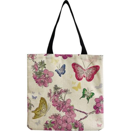 Personality Chinese Style Printing Linen Faric Bag Bright Colors Butterfly and Flower Womens Handbag Art Custom Pattern Tote