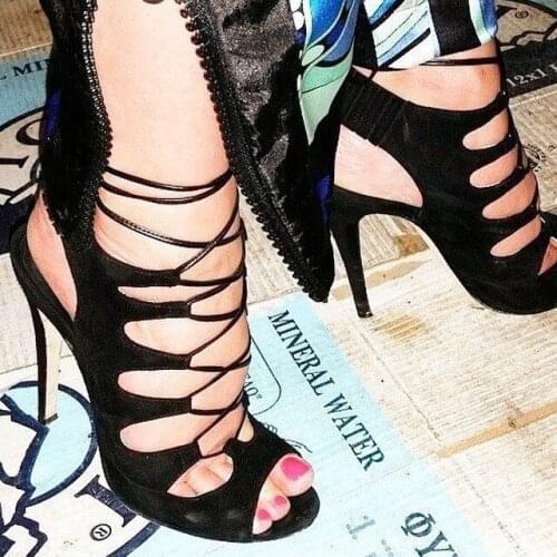 Hot selling solid color multi strap crisscross lace-up high heel sandals fashion concise peep toe slingback stiletto heel sandal