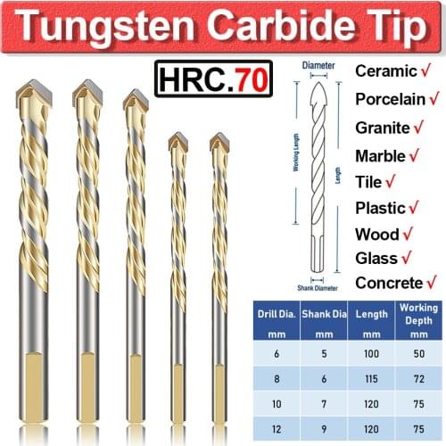 5pcs Tungsten Carbide Tip Tile Drill Bits Set For Multi-Material Porcelain Concrete Brick Glass 5Pcs 6-12mm Wall Granite Marble