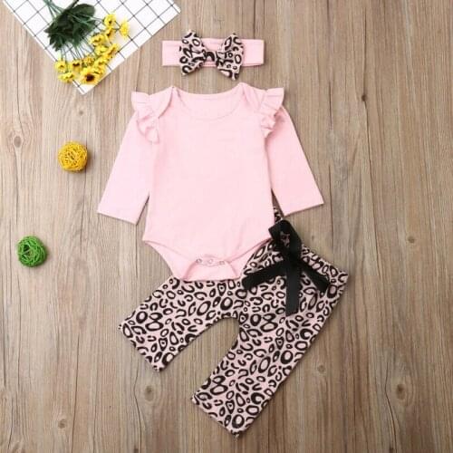New Spring Autumn Fashion 3PCS Infant Baby Girl Clothes Long Sleeve Romper Leopard Leggings Pants Headwear Outfit Set 0-18M