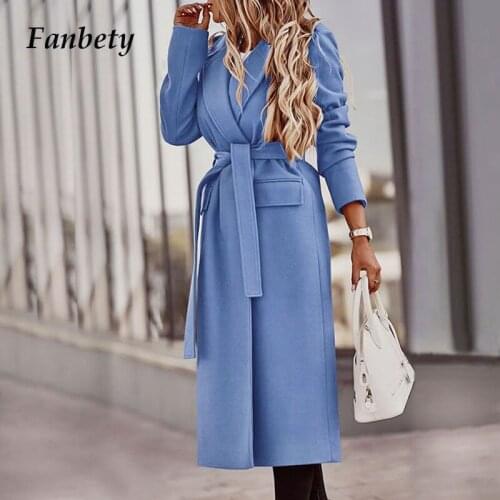 Autumn Winter Fashion Solid Wool Long Coats Vintage Turn-Collar Long Sleeve Pocket Cardigan Casual Office Lady Bandage Overcoats