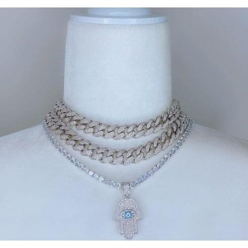 Iced out bling sparking 5A cz box chain turkish hamsa hand charm necklaces for women fashion gold silver color Hip hop jewelry