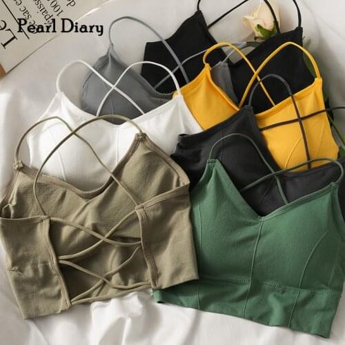 Pearl Diary Women Sports Bra Tops V Neck Lace Up Back Details Sexy Crop Tops Beachwear Solid Color Spaghetti Strap Knit Tops