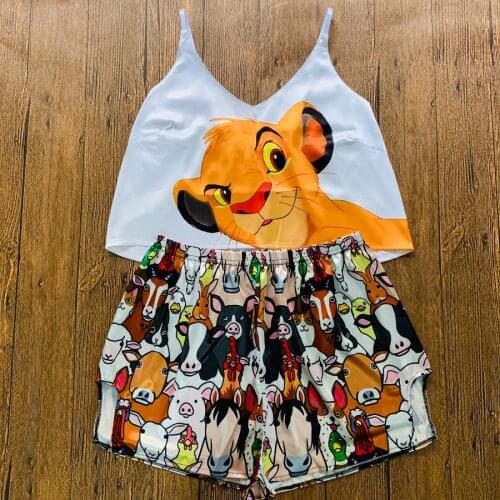 Cartoon Pijamas Women Retro Animal Lion Print Pajamas Set Silk V Neck Pyjama Woman Femme Satin Sleepwear 2021 Summer Pajama