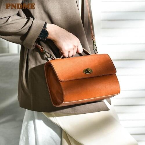 PNDME vintage art natural real leather ladies handbags fashion weekend daily party womens cowhide lock shoulder messenger bag