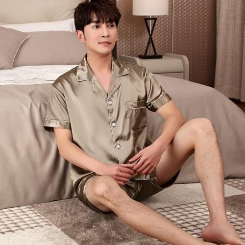 Plus Size Two Pieve Night Sets Mens Pajamas Set Satin Silk Pyjamas T-shirt+Shorts Male Pijama Sleepwear Home Clothing Loungewear